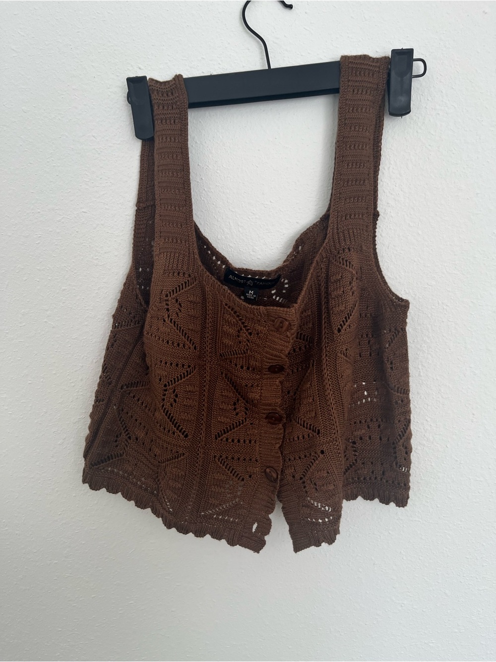 Almost Famous Brown Crochet Button-Up Crop Tank